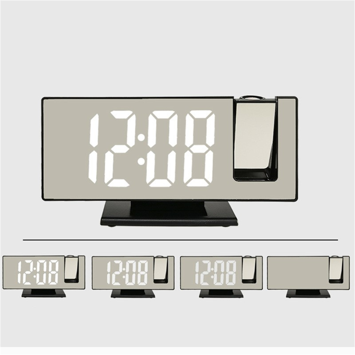 Reloj despertador digital mostrando 12:08, con múltiples pantallas horarias, fondo gris.