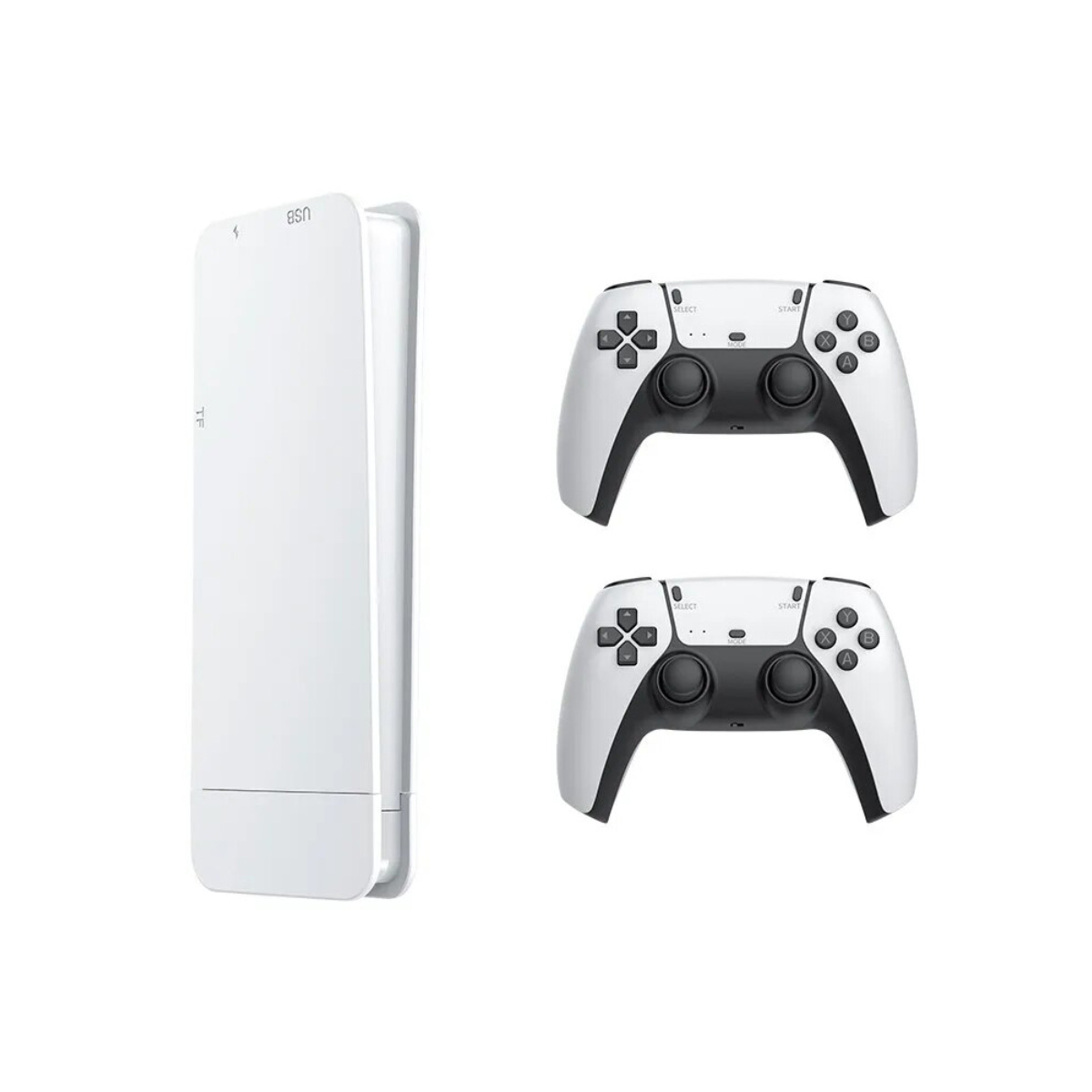 Consola PS5 blanca y dos mandos PS5 blancos sobre un fondo blanco.