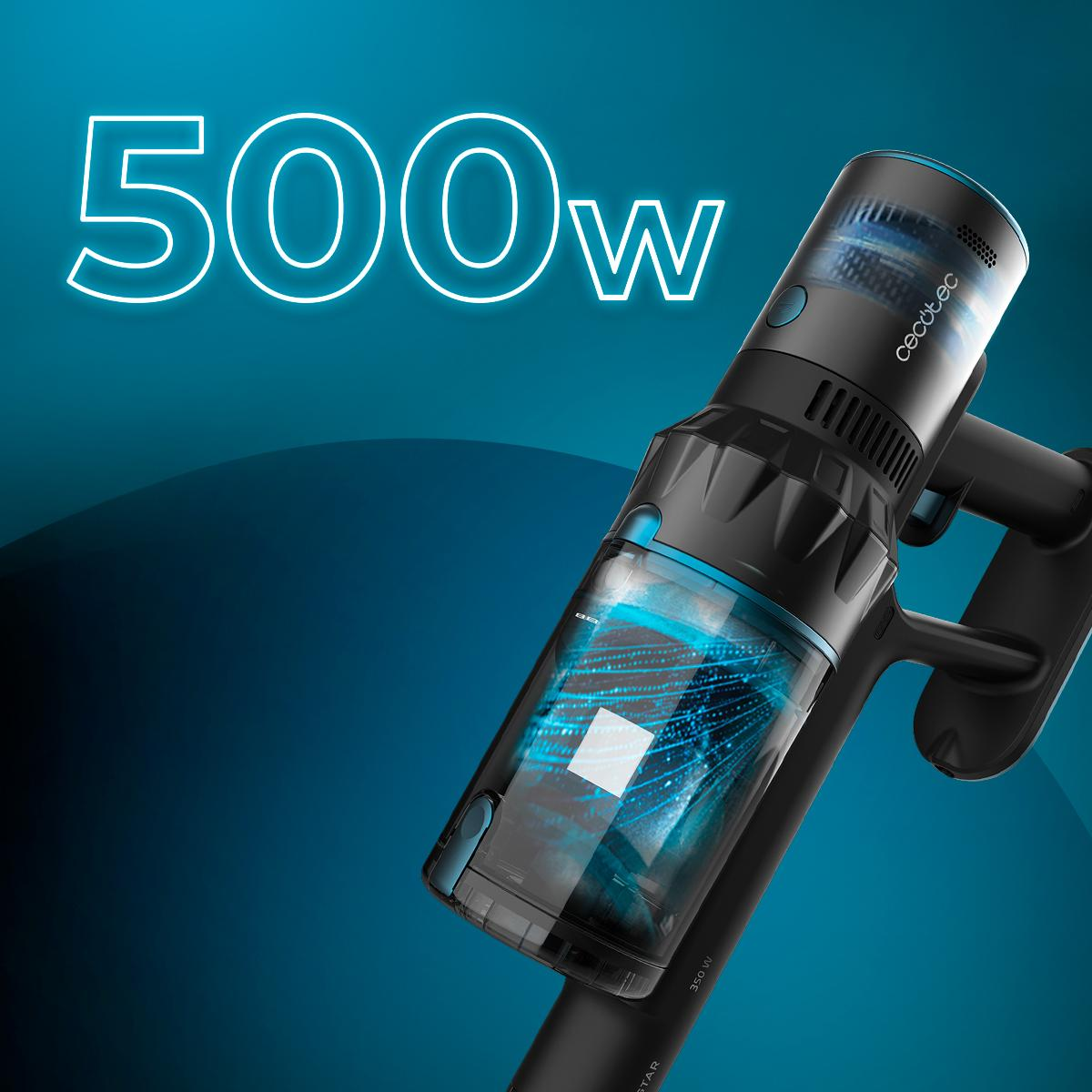 Aspiradora de mano con pantalla de 500W, detalles azules y un contenedor de polvo transparente.