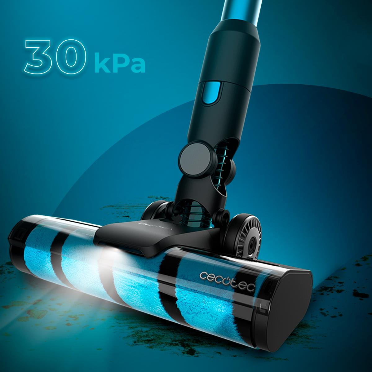Un cabezal de aspiradora negro y azul con rodillo iluminado en azul y una marca de 30 kPa.