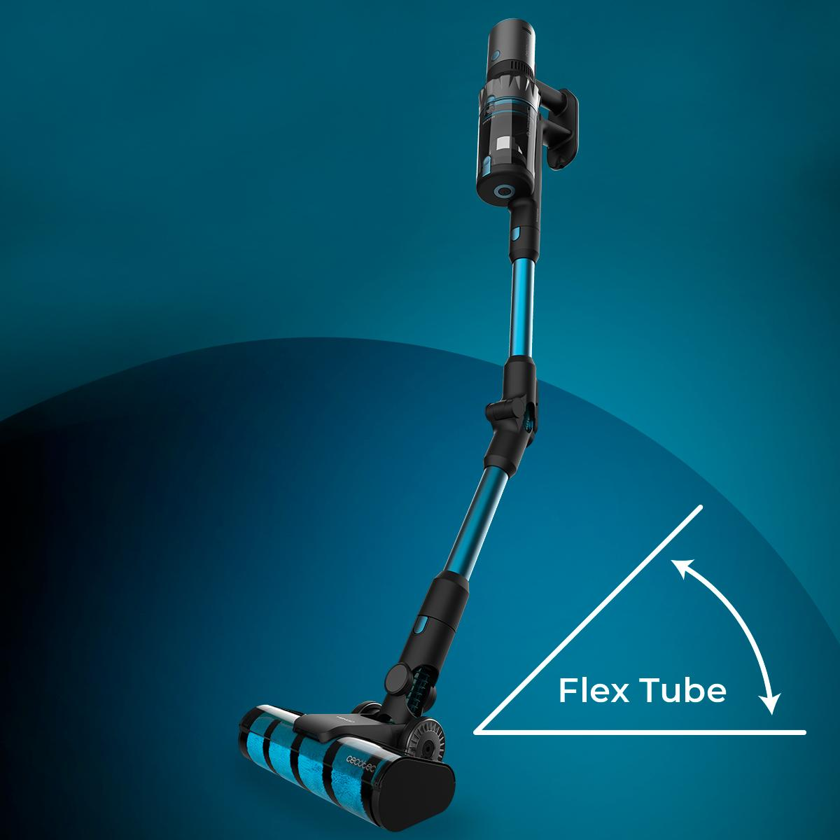 Aspiradora inalámbrica negra y azul con tubo flexible. Fondo azul degradado.