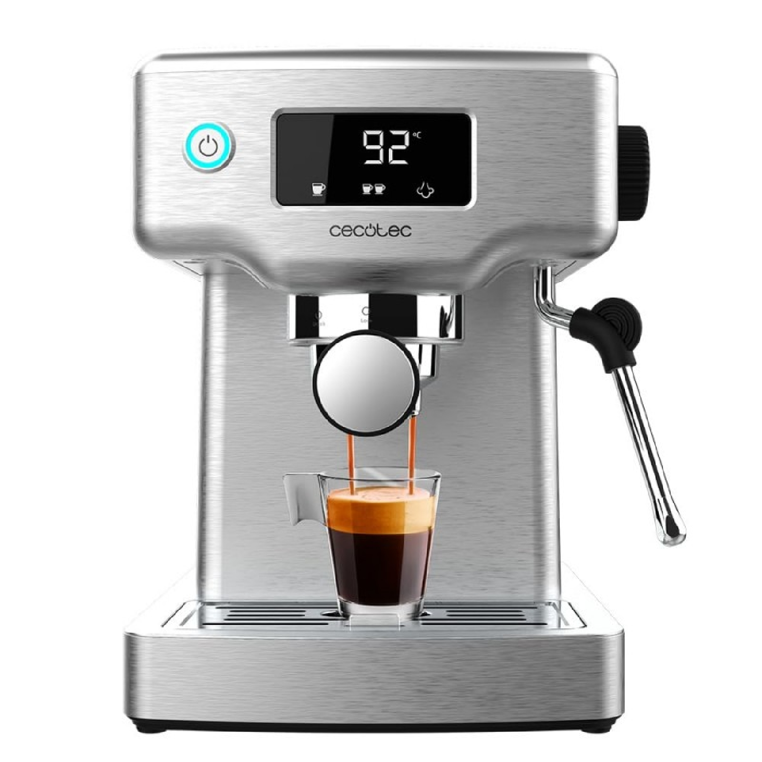 Silberne Cecotec Espressomaschine, Glas, Kaffee kochend, Digitalanzeige.