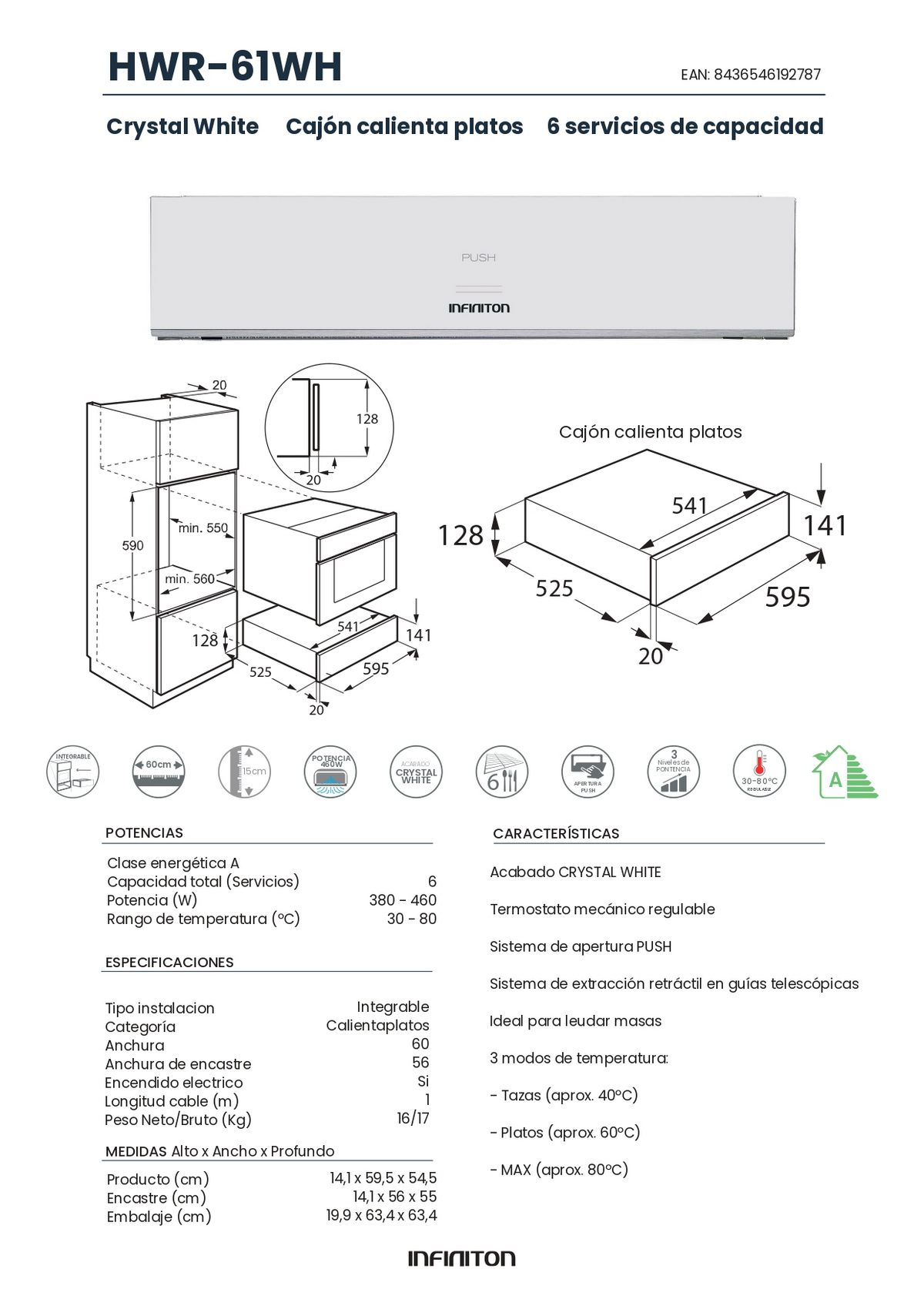 Un electrodoméstico de cocina blanco con texto y dimensiones.