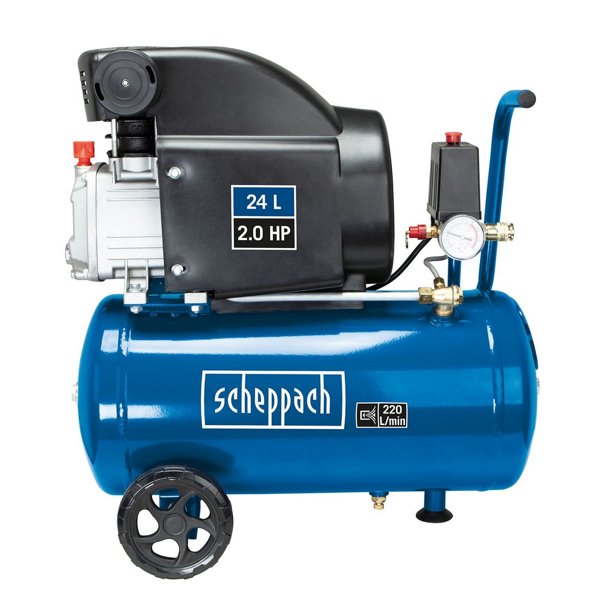 Blauwe Scheppach luchtcompressor. Heeft een tank, motor en manometer. Witte achtergrond.