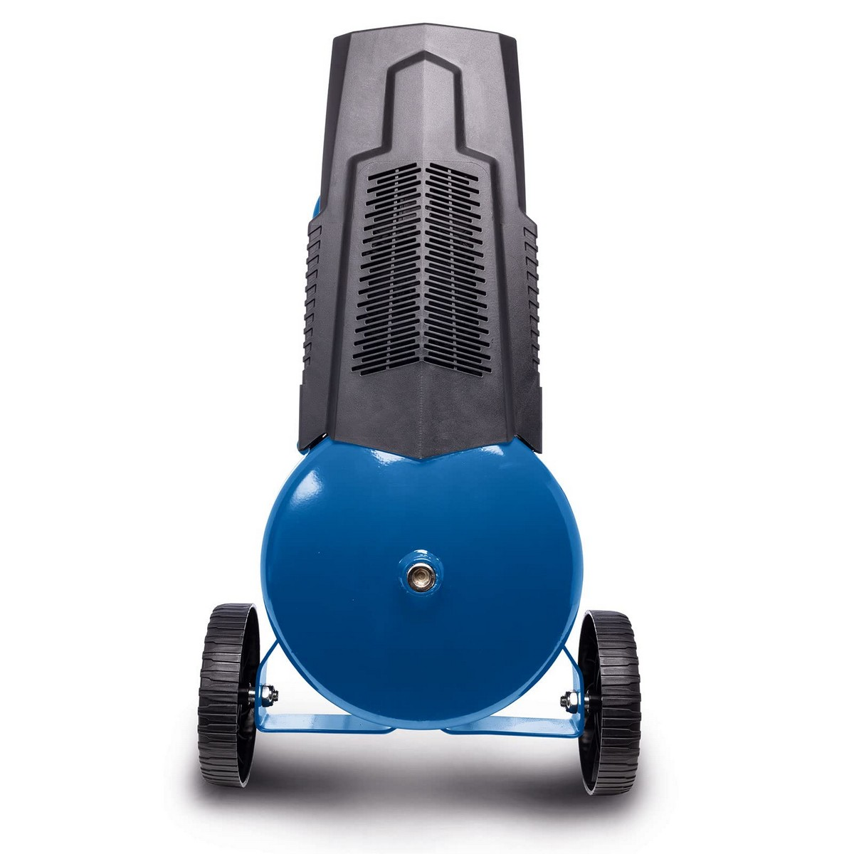 Blauwe luchtcompressor met zwart bovenstuk en wielen, witte achtergrond.