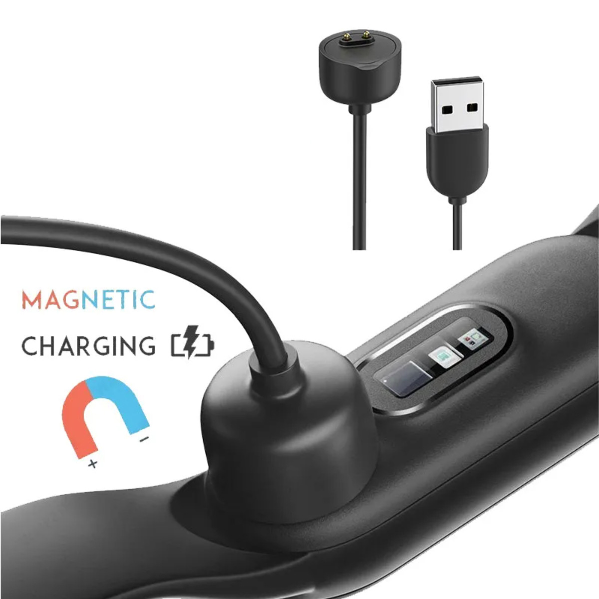 Un rastreador de actividad física negro con un cable de carga. El cable tiene un extremo USB y un cargador magnético.