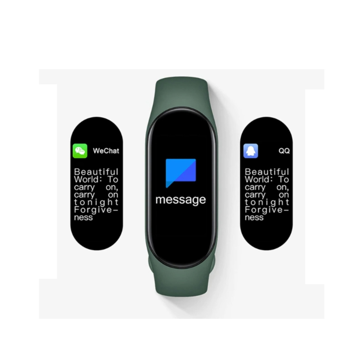Una pulsera inteligente con correa verde, que muestra 'mensaje'. Dos iconos negros a cada lado.