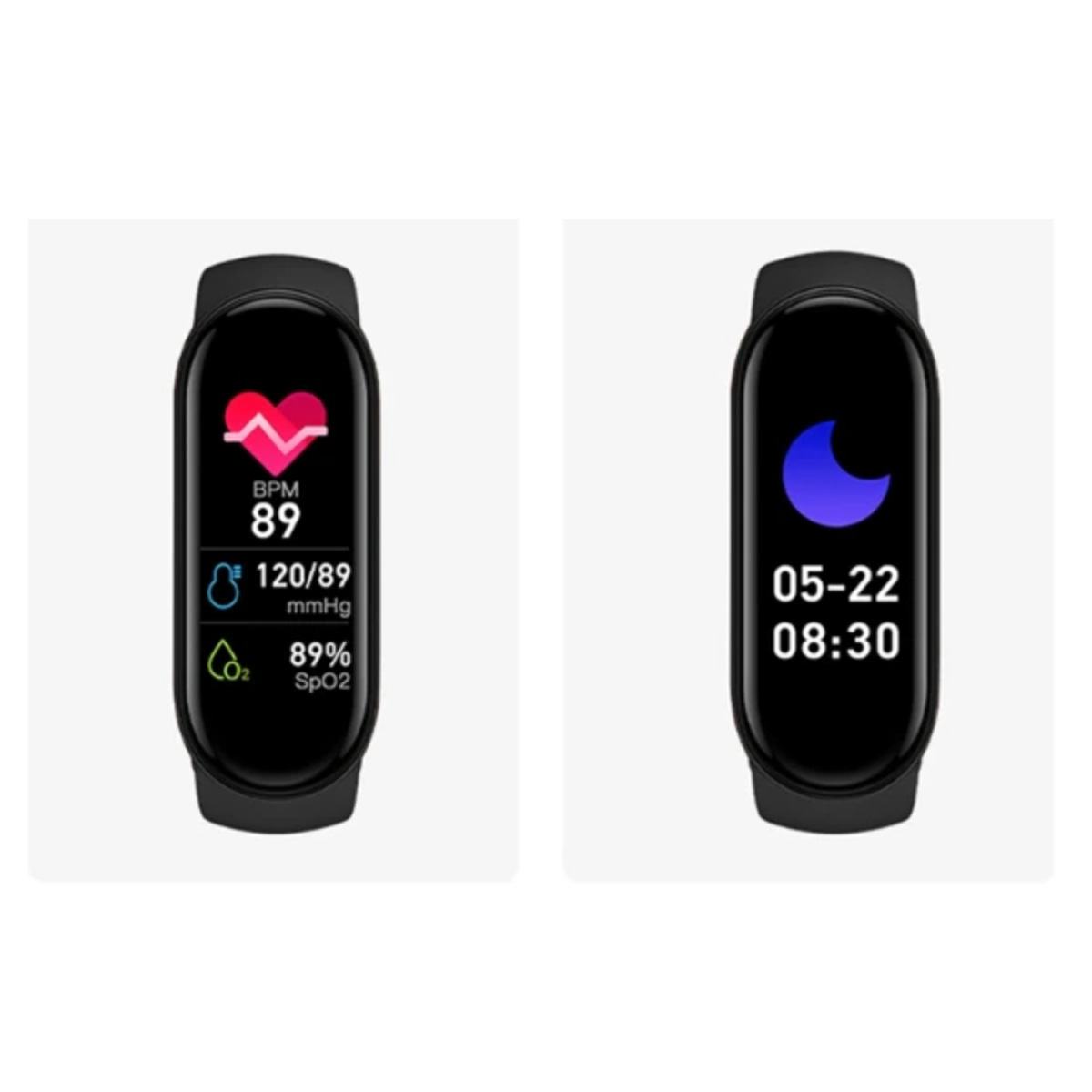 Dos smartwatches negros, mostrando la frecuencia cardíaca, SpO2 y hora con un icono de luna. Fondo blanco.