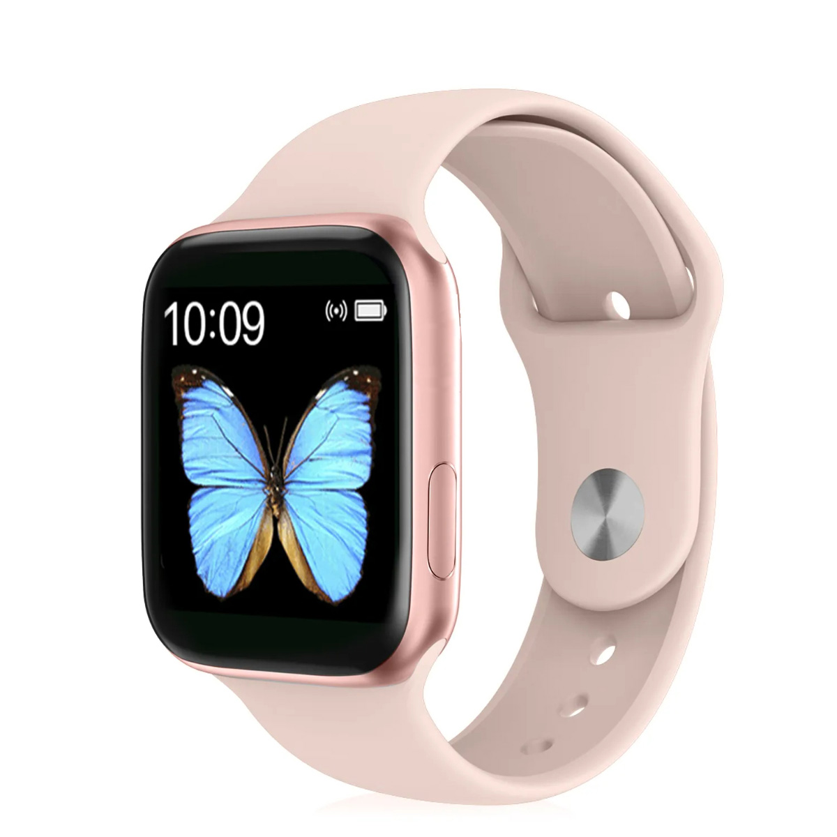 Un smartwatch de oro rosa con correa rosa. La pantalla muestra la hora y una imagen de mariposa.