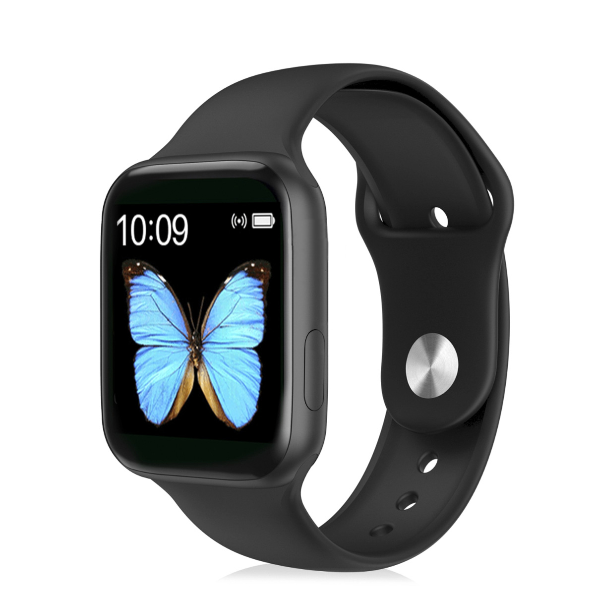 Un reloj inteligente negro con una correa negra muestra un gráfico de mariposa en su pantalla.
