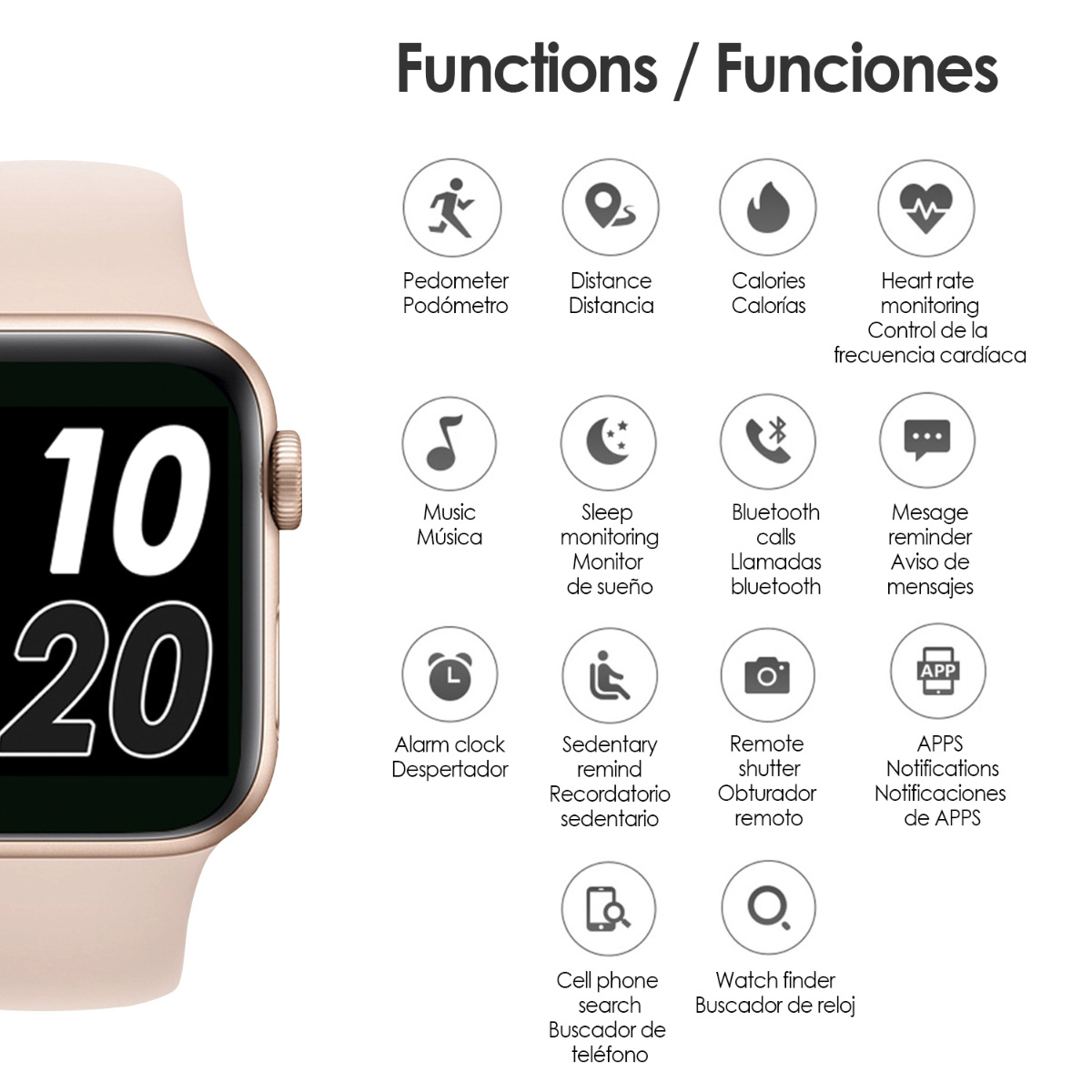 Reloj inteligente mostrando funciones, con iconos y texto en varios idiomas.
