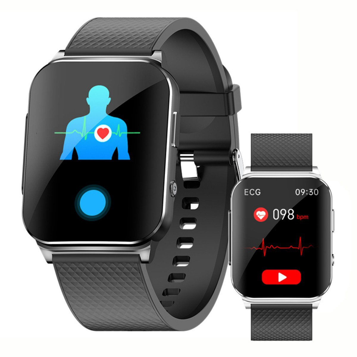 Relojes inteligentes. Uno muestra la frecuencia cardíaca y la lectura del ECG. Correa negra. Otro muestra bpm.