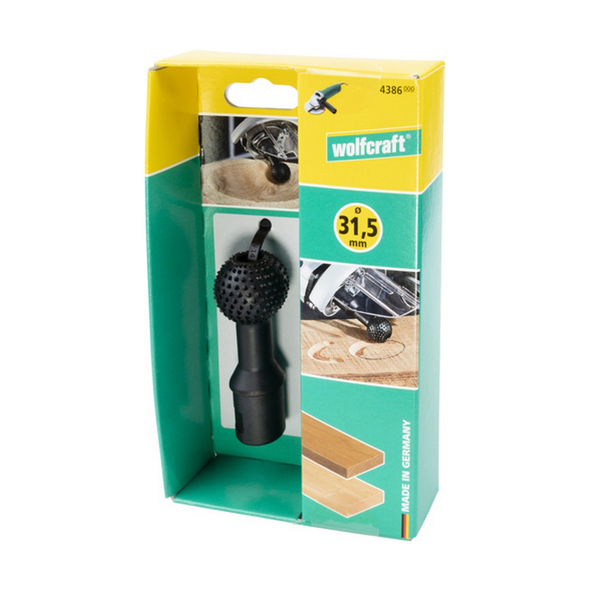 Caja con accesorios para herramientas. Incluye un accesorio negro, puntiagudo, en forma de bola. Made in Germany.