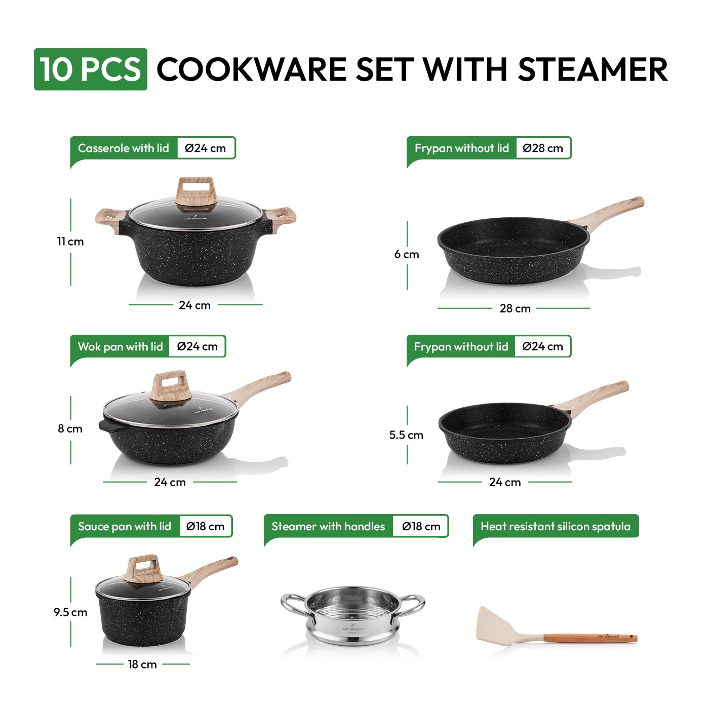 Juego de utensilios de cocina de 10 piezas con vaporera, mostrando sartenes y medidas.