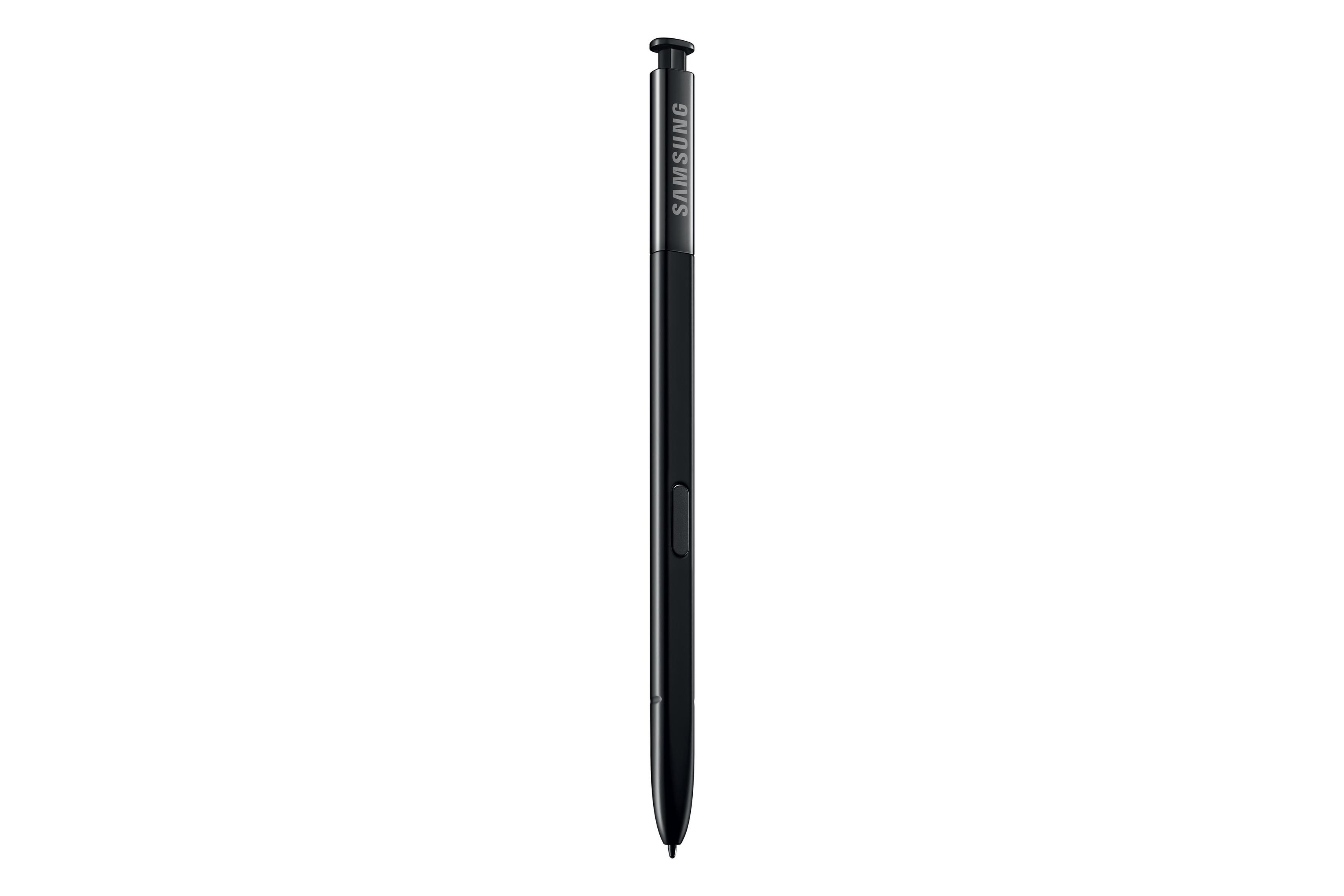 Lápiz óptico negro. Marca Samsung en el bolígrafo. Fondo blanco.