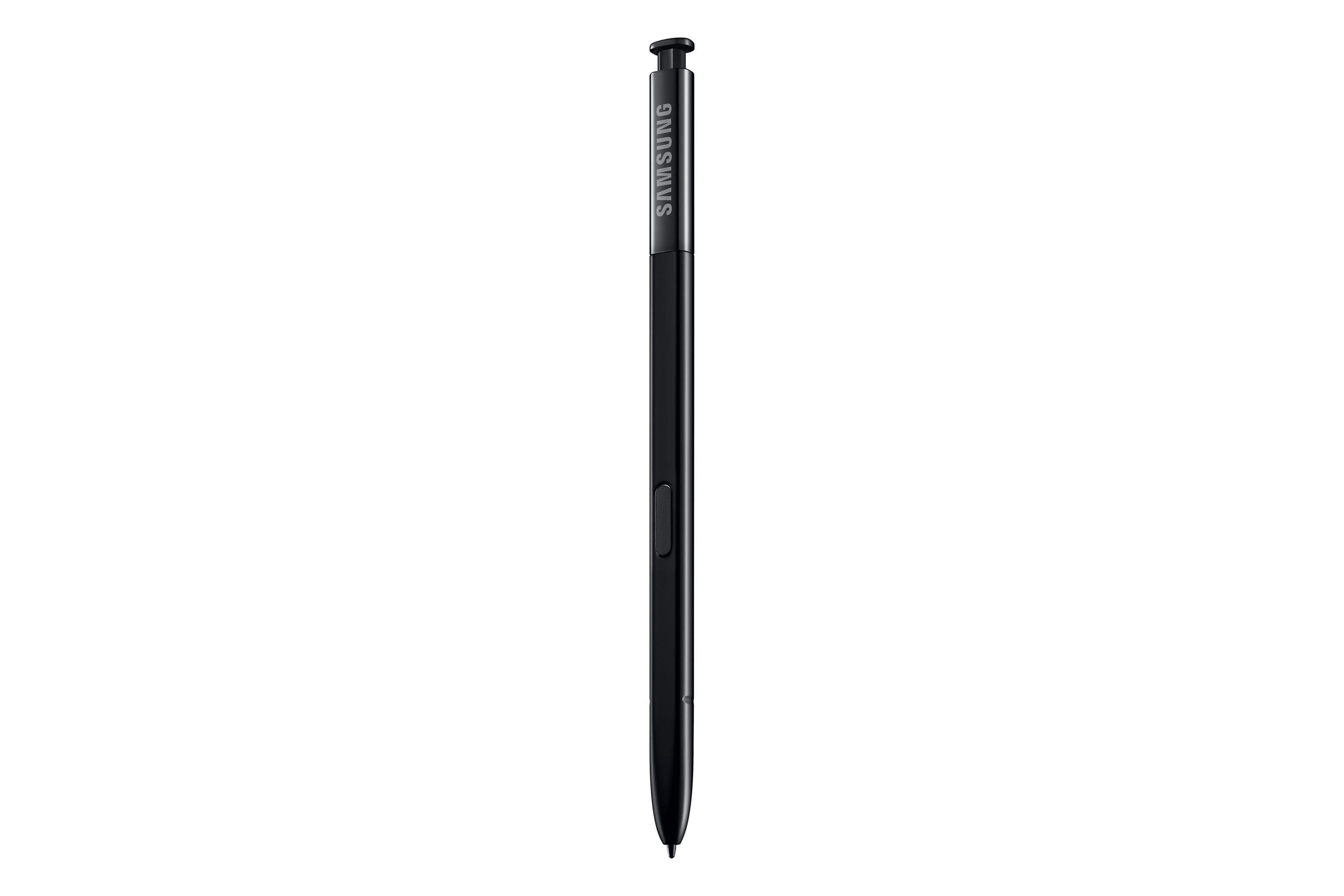 Un bolígrafo stylus negro de Samsung, con un botón lateral, vertical sobre fondo blanco.