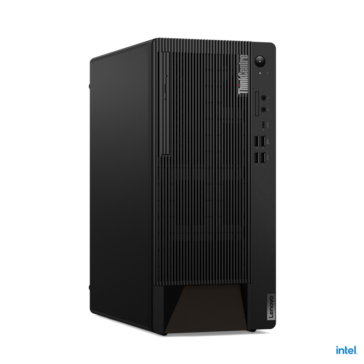 Ordenador de sobremesa ThinkCentre negro, vista frontal. Líneas verticales en el panel frontal.