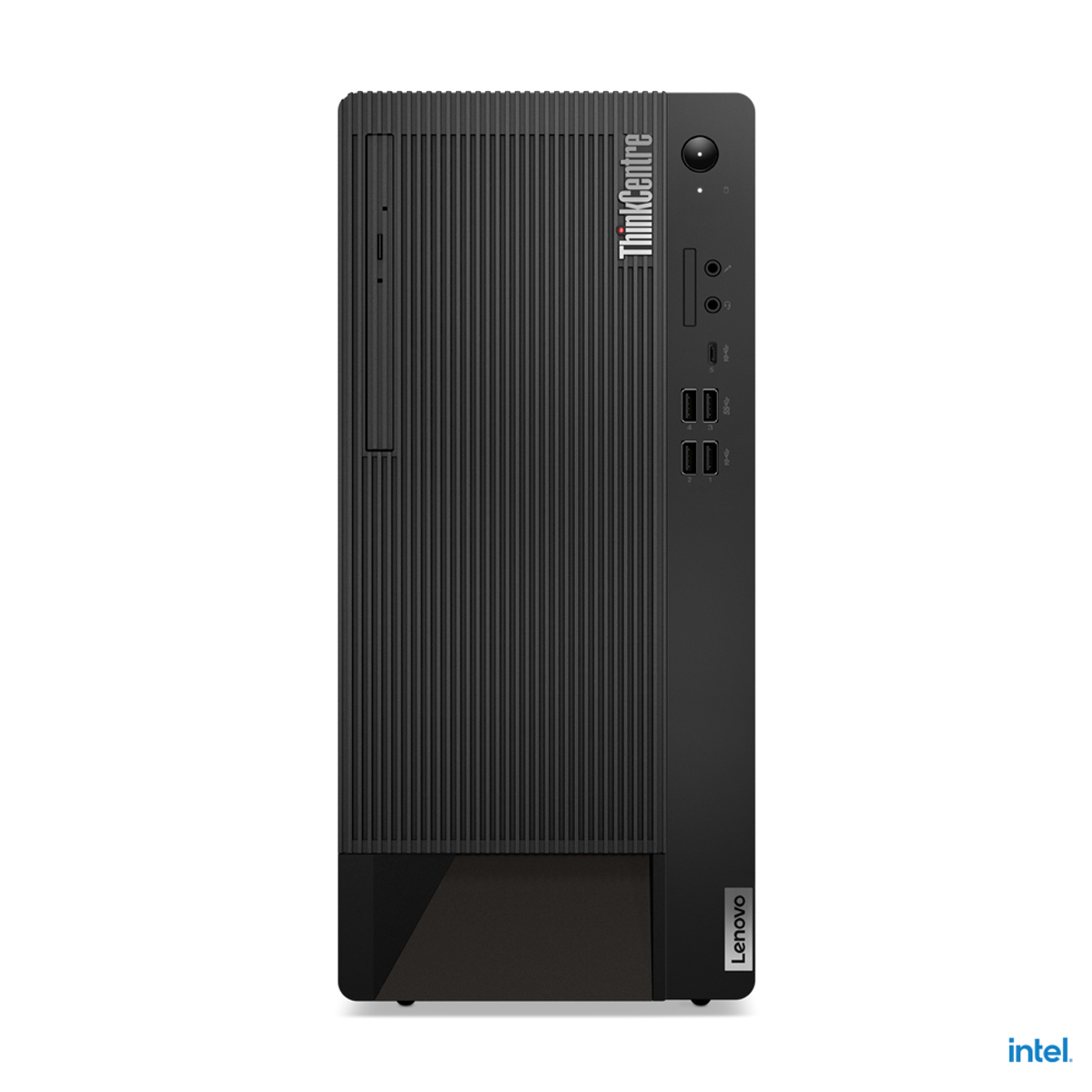 Torre de computadora Lenovo ThinkCentre negra con panel frontal, puertos y logo Lenovo.