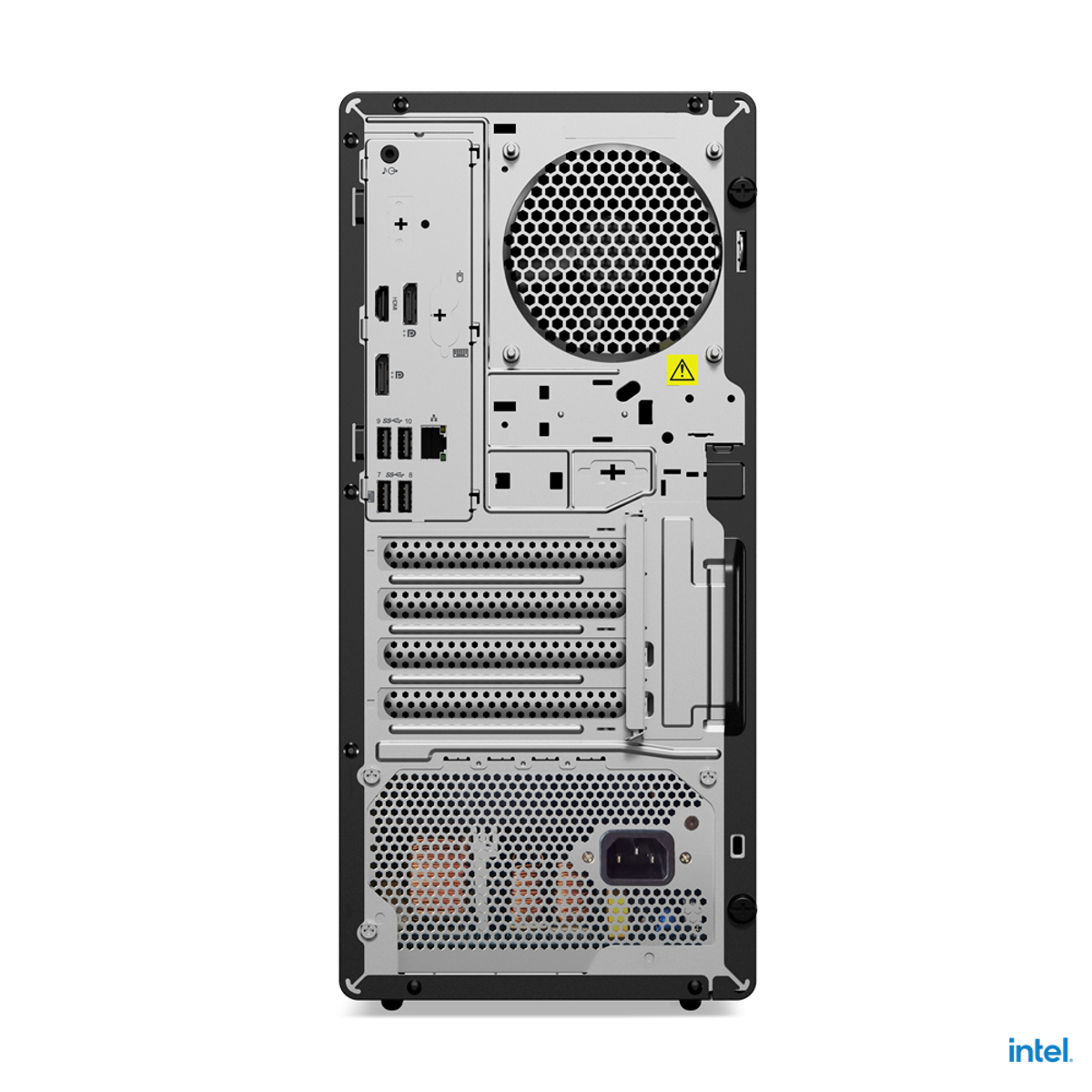 La parte trasera de una torre de computadora que muestra puertos y componentes, con el logotipo de Intel en la parte inferior.