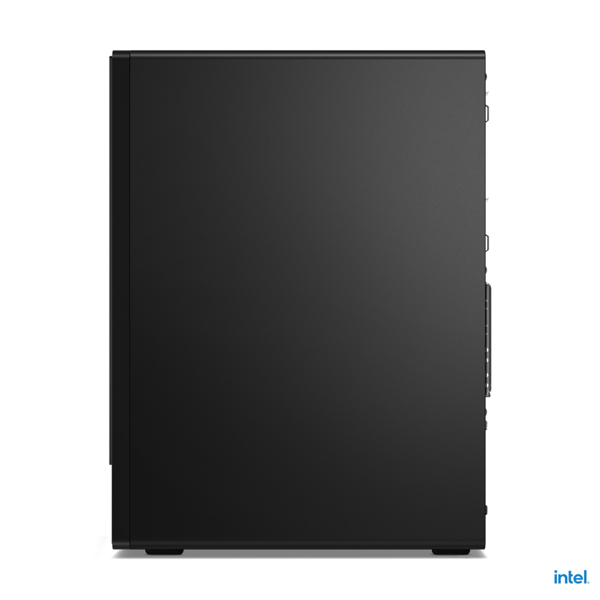 Vista lateral de un ordenador negro. El logotipo de Intel está en la parte inferior derecha.