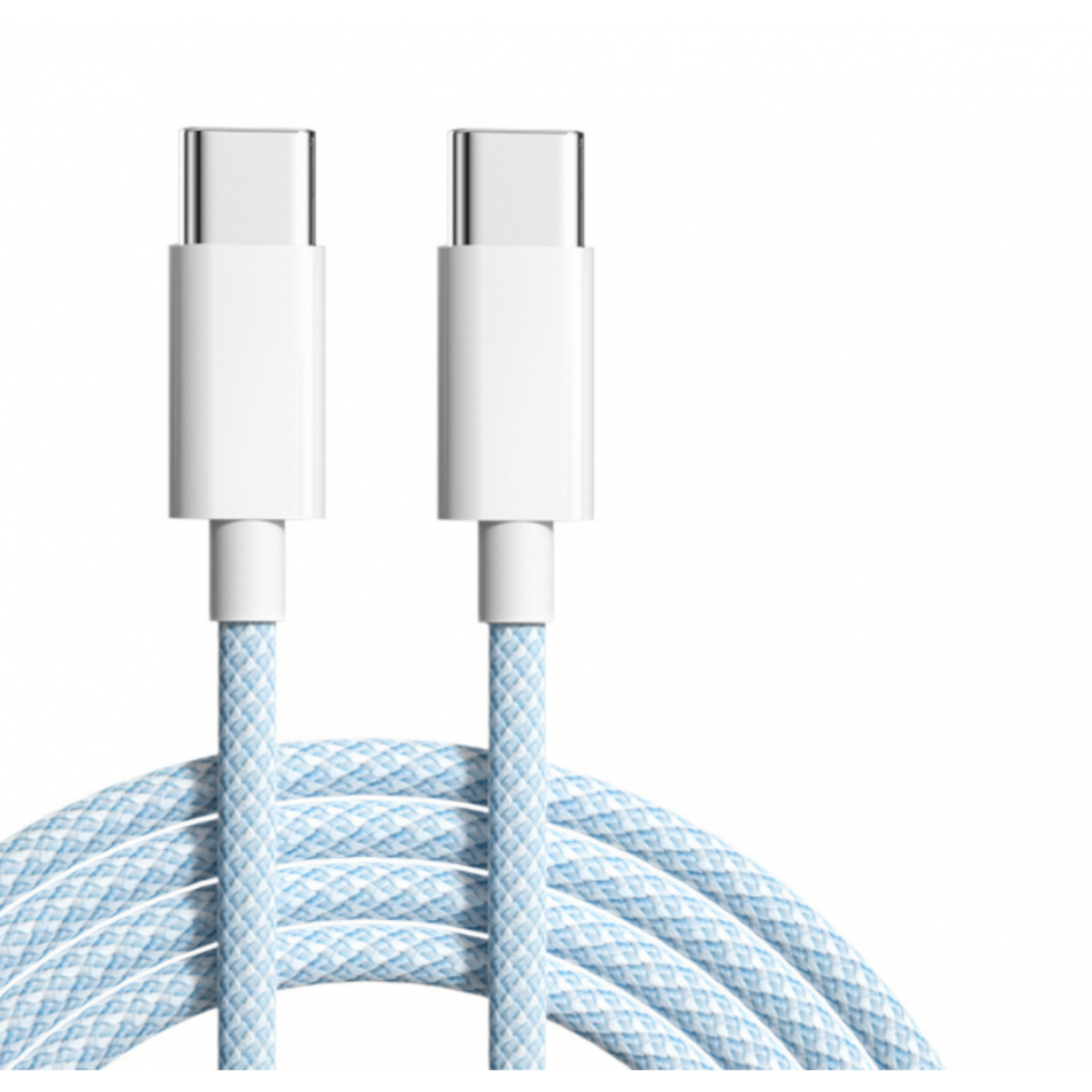 Dos cables USB-C blancos con cables trenzados azules, sobre un fondo blanco.