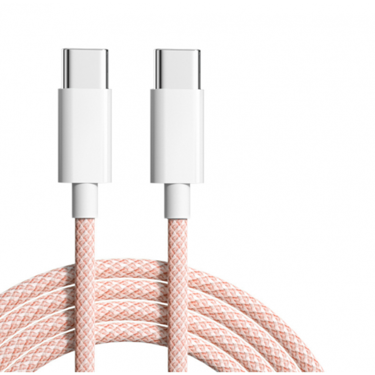 Dos cables USB-C, conectores blancos, cable trenzado rosa. Fondo blanco.