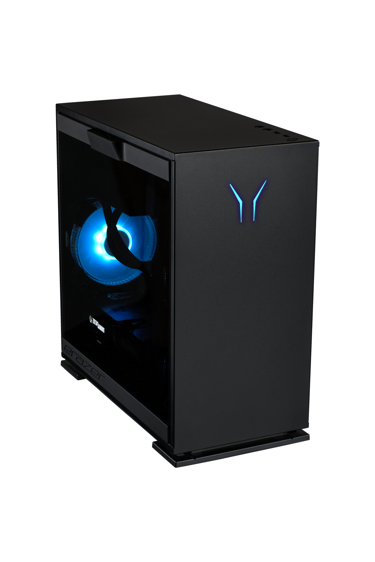 Czarna obudowa komputera ze szklanym panelem bocznym. Wnętrze ma wentylator z niebieskim światłem.