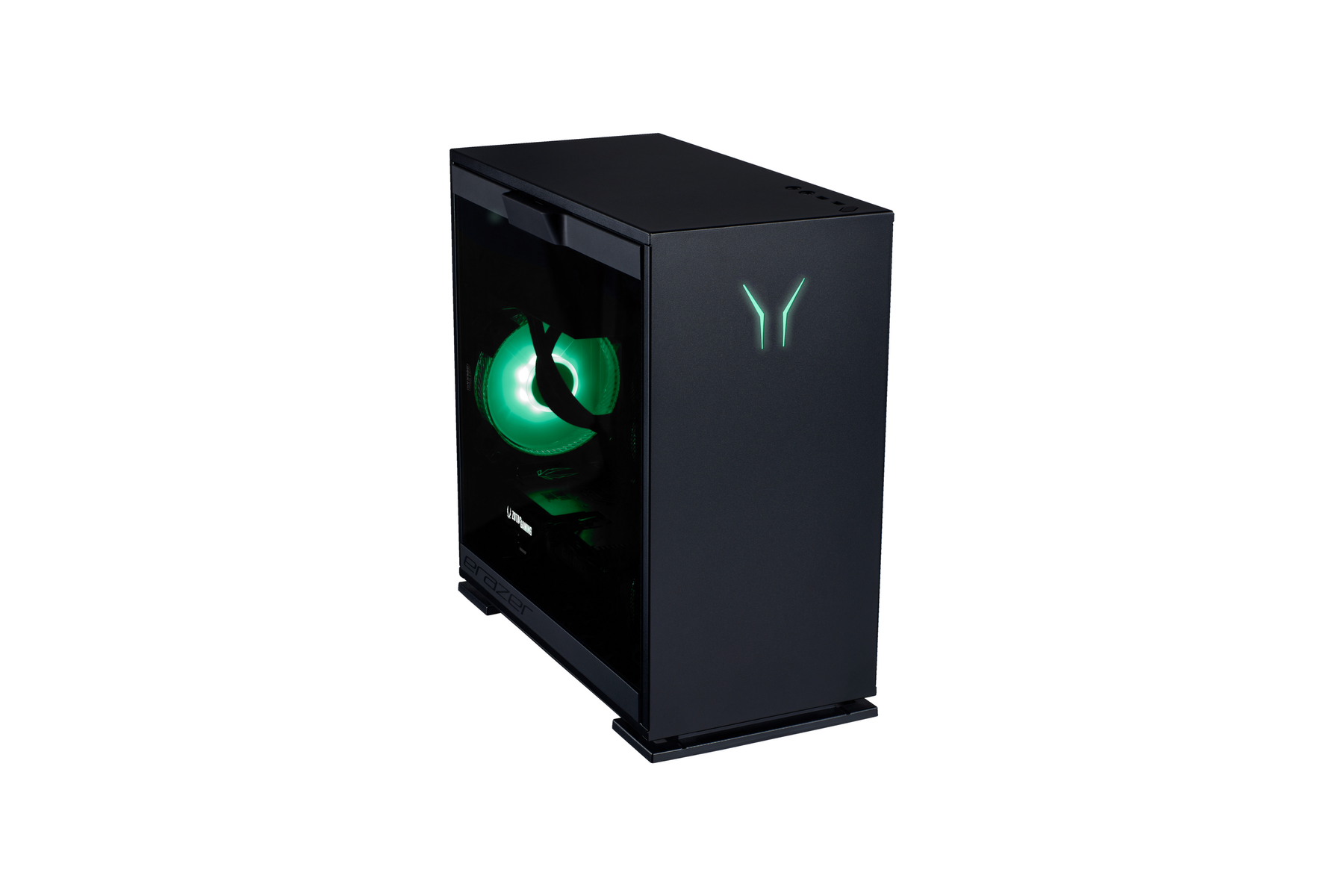 Czarna obudowa PC do gier z zielonym światłem wewnątrz. Szklany panel boczny pokazuje komponenty.