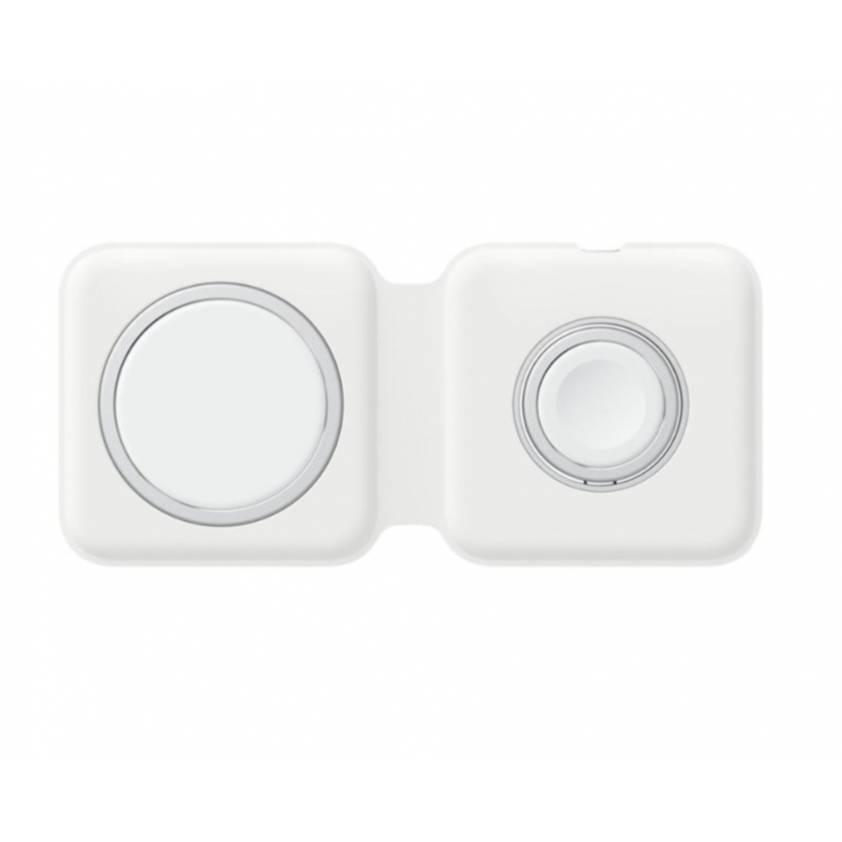 Un cargador MagSafe Duo blanco para iPhone y Apple Watch, plegado.