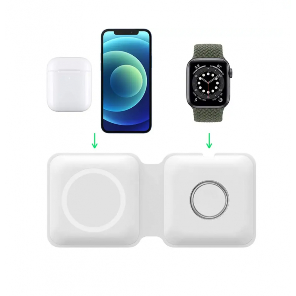 Cargador inalámbrico con teléfono, AirPods y reloj. Flechas indican puntos de carga.