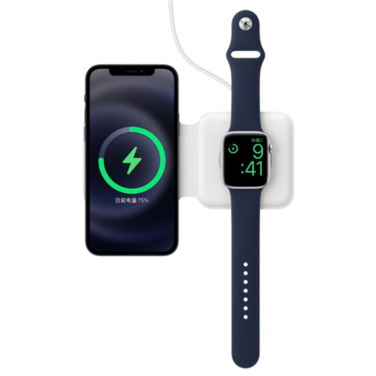 Un teléfono negro cargando de forma inalámbrica junto a un Apple Watch azul marino. Fondo blanco.
