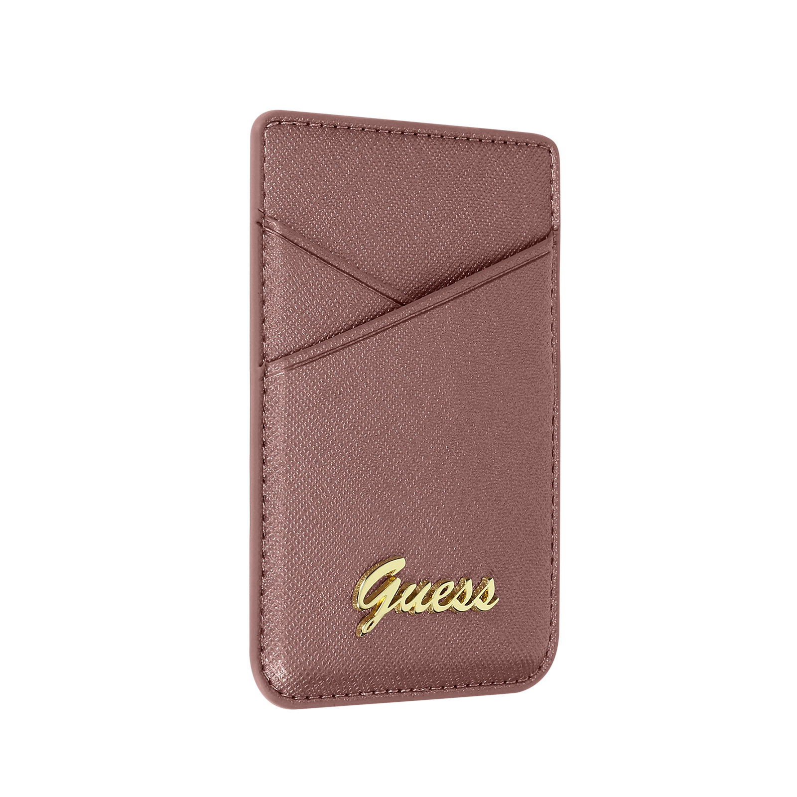 Rosa Guess Kartenhalter. Mit Kartenfächern und goldenem Markenlogo. Weißer Hintergrund.