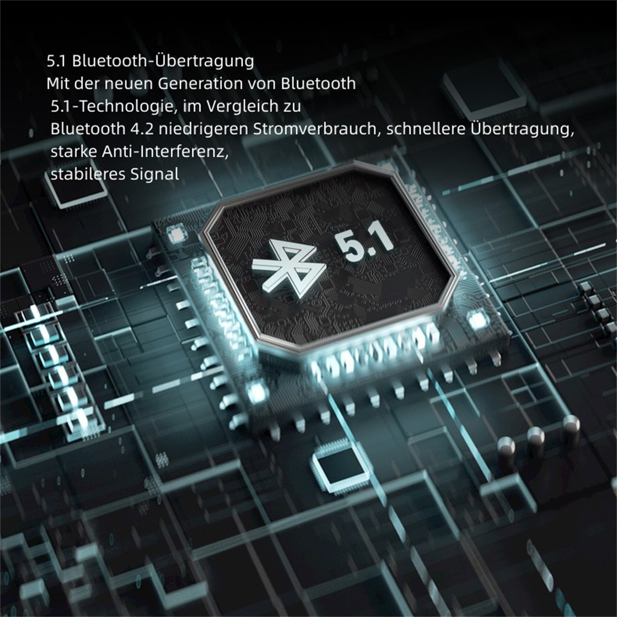 Primer plano de una placa de circuito con un chip grande etiquetado '5.1', texto a la izquierda.