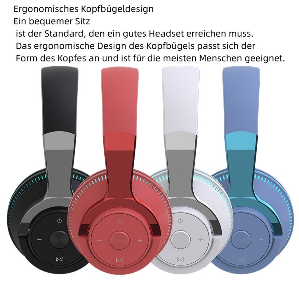 Cuatro pares de auriculares en diferentes colores: negro, rojo, blanco y azul.