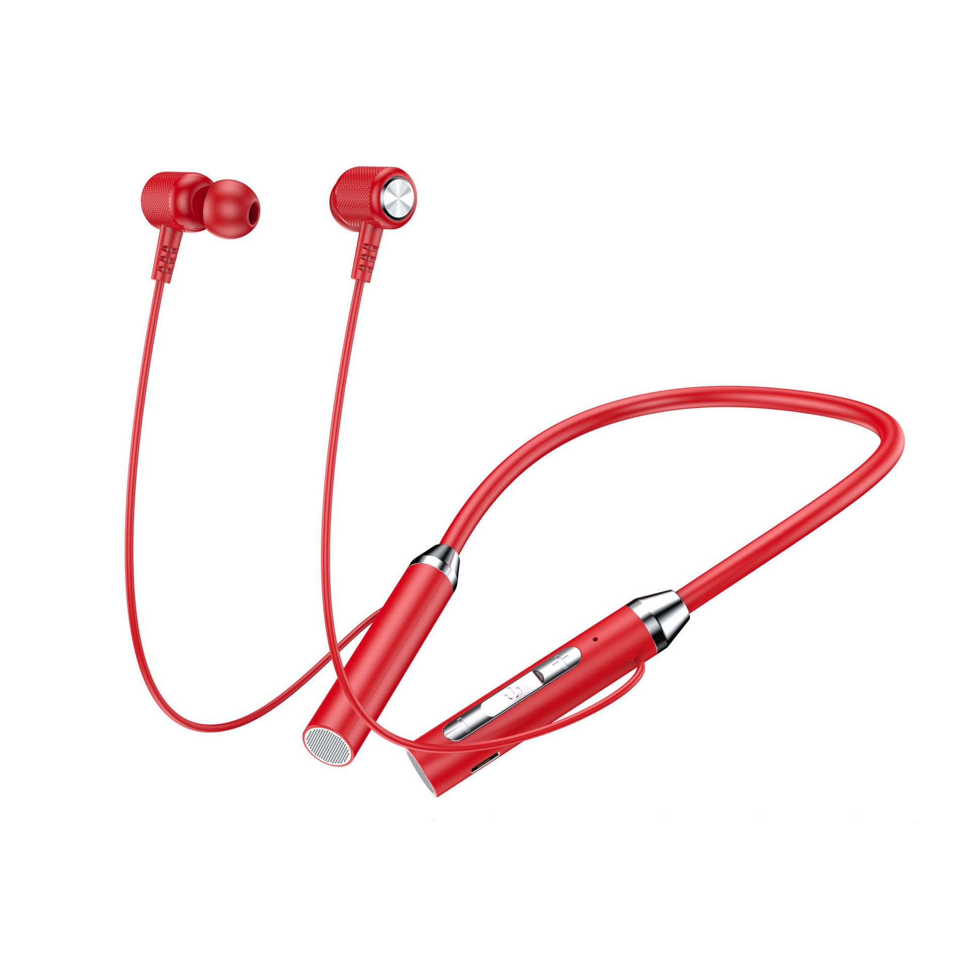 Auriculares inalámbricos estilo diadema rojos. Tienen auriculares y un panel de control con botones. El fondo es blanco.