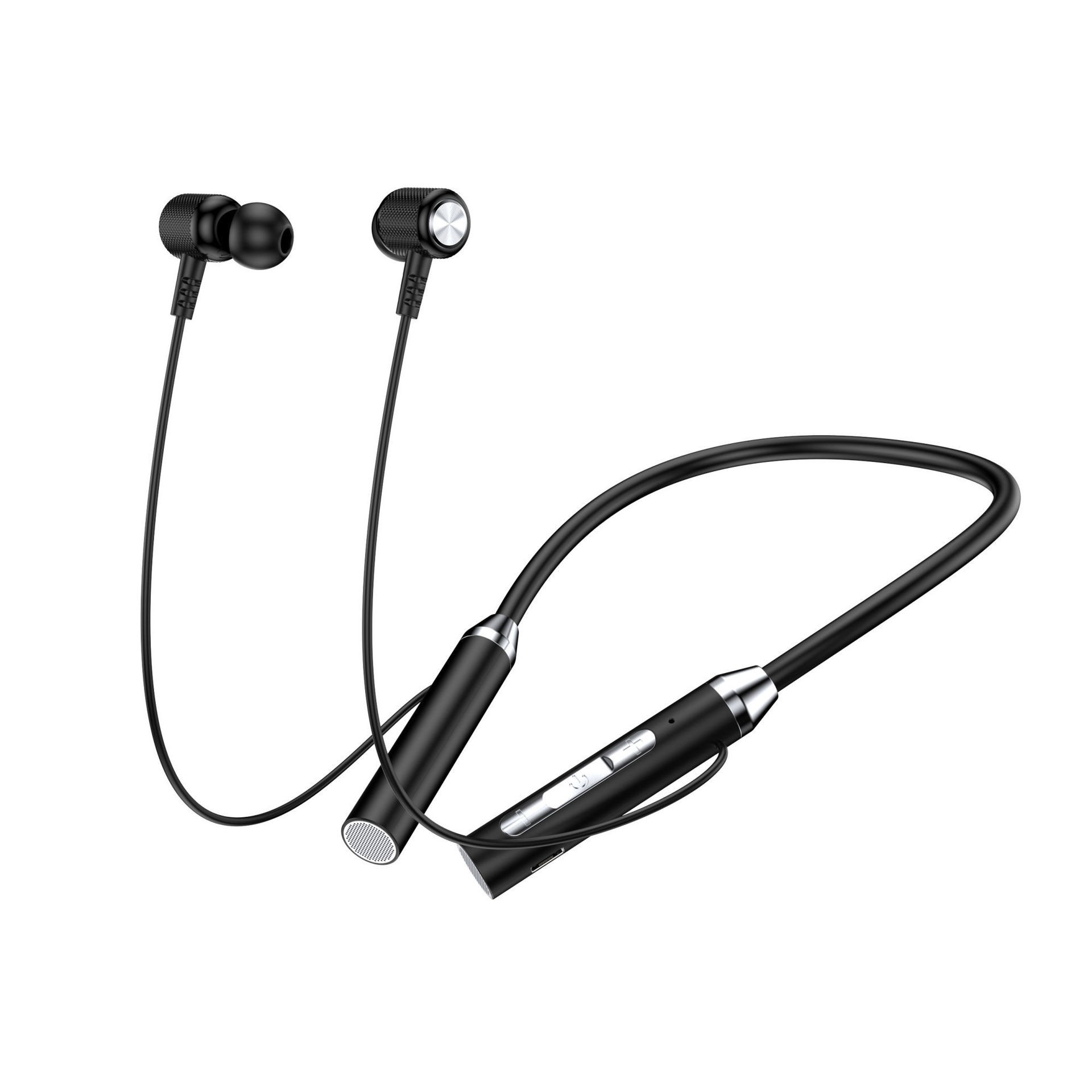 Auriculares inalámbricos negros con diadema. Fondo blanco.