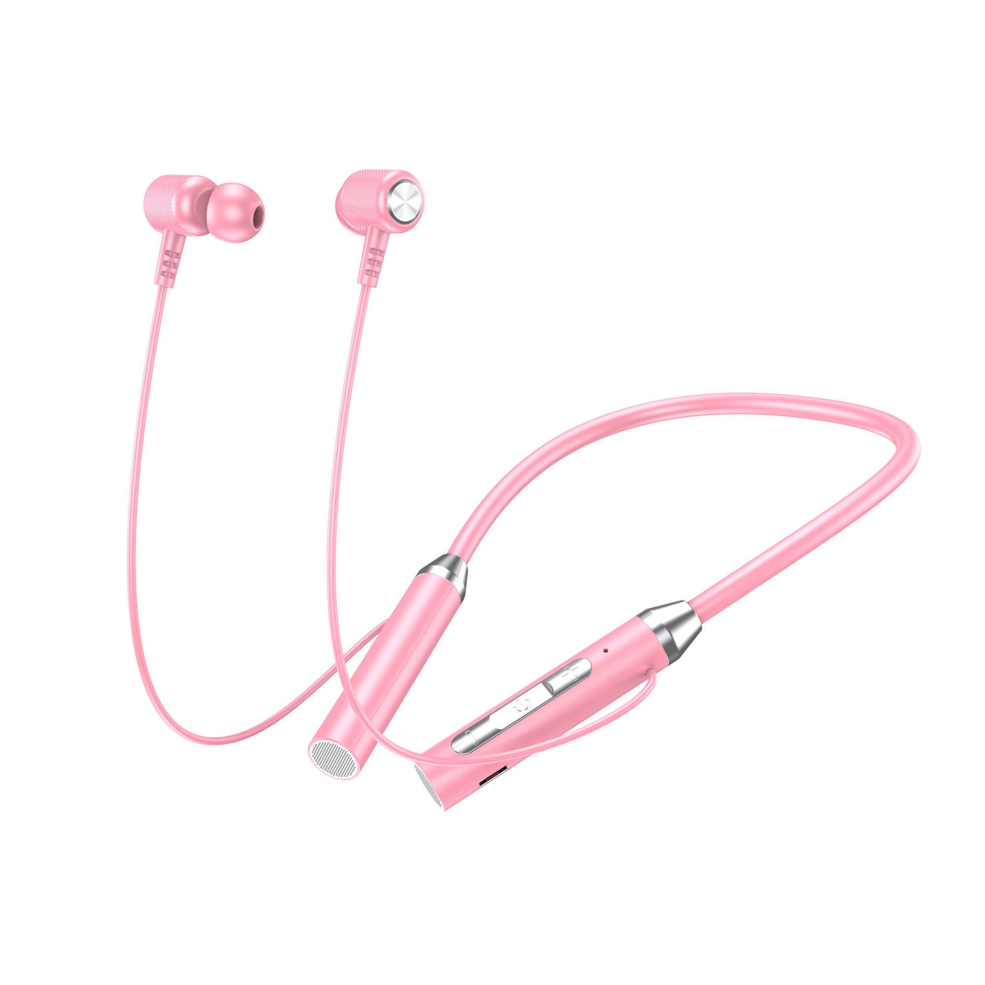 Auriculares inalámbricos de diadema rosa con detalles plateados.