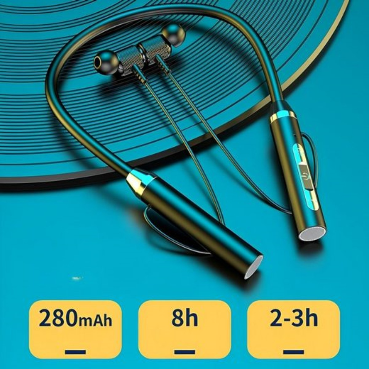 Auriculares de diadema negros y dorados, con indicadores de carga y duración de la batería. Fondo azul.