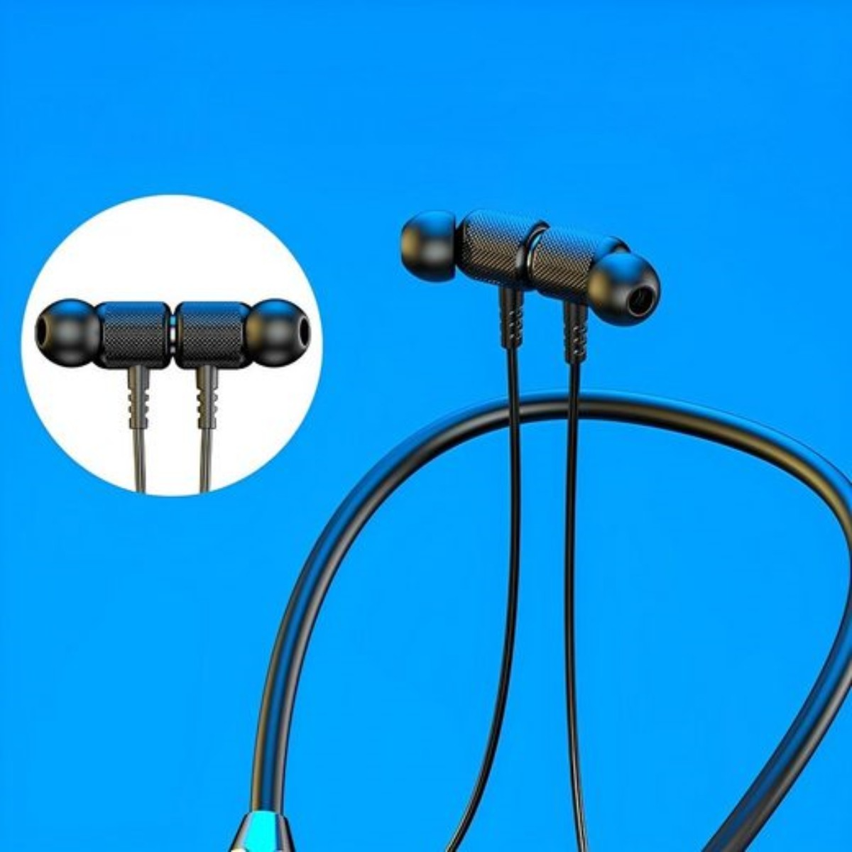 Auriculares inalámbricos negros y azules alrededor de un cuello con fondo azul.
