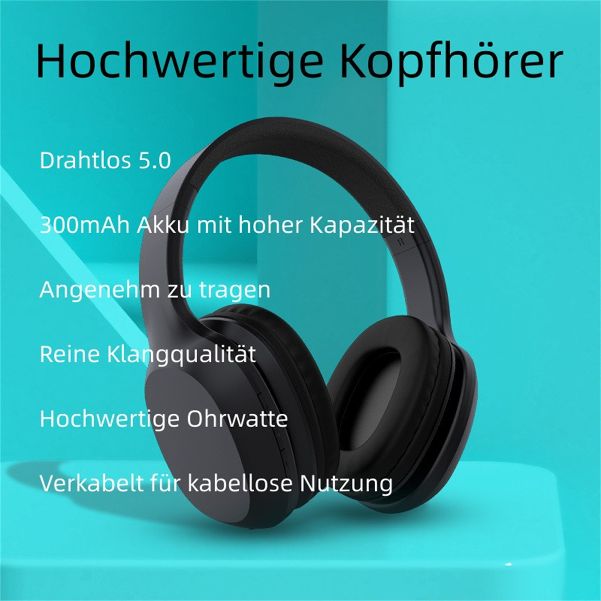 Auriculares negros sobre la oreja con texto sobre un fondo azul claro, mostrando características.