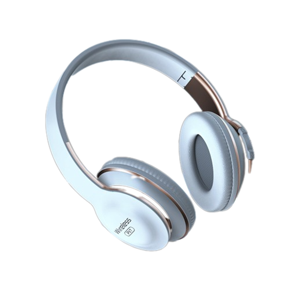 Auriculares inalámbricos blancos y grises con detalles plateados, vista en ángulo.