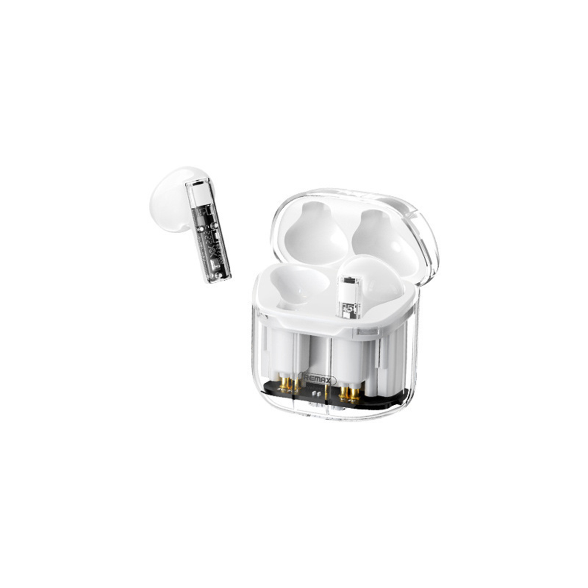 Auriculares inalámbricos transparentes con estuche de carga. El estuche está abierto, mostrando los auriculares.