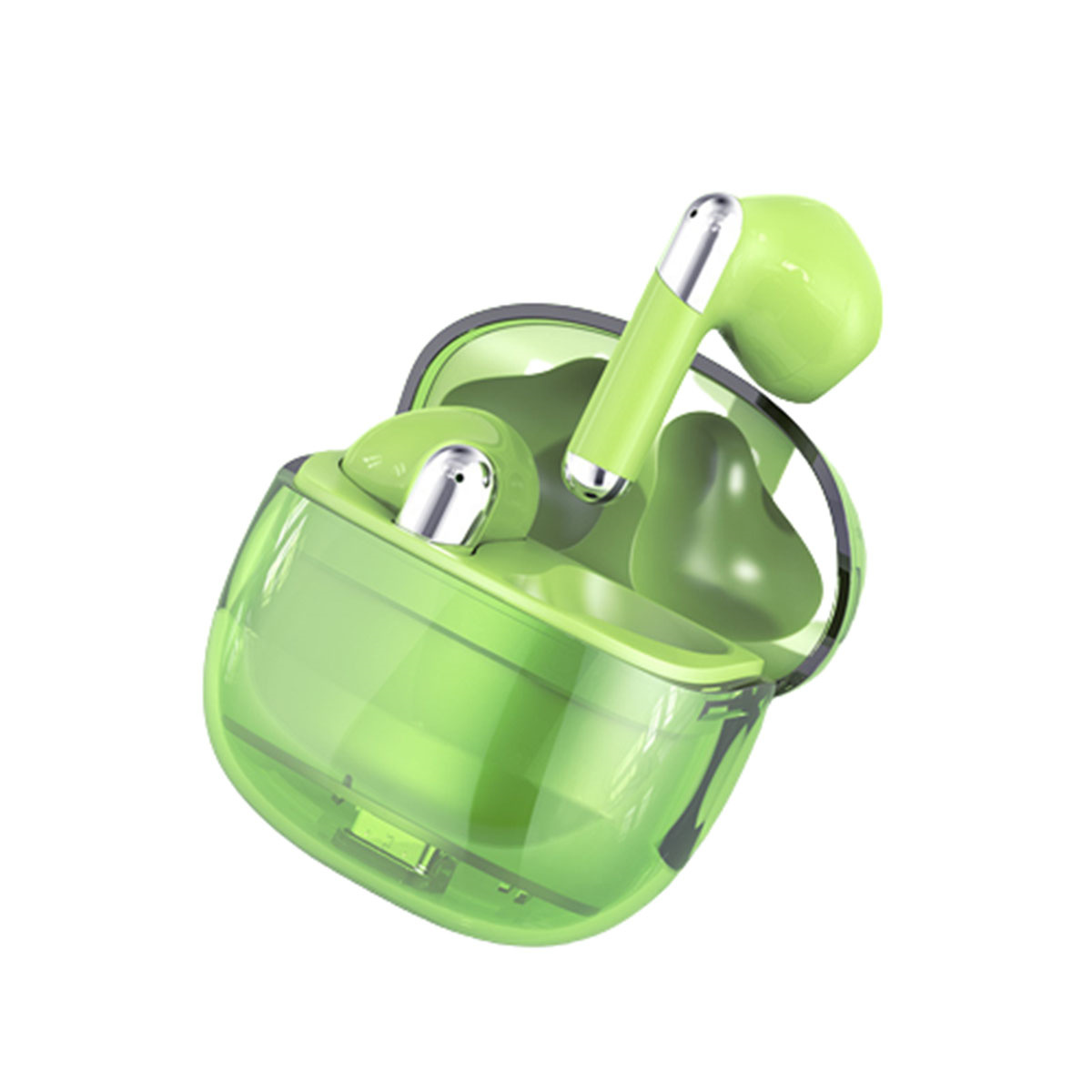 Auriculares transparentes verdes en un estuche de carga. El estuche está abierto.