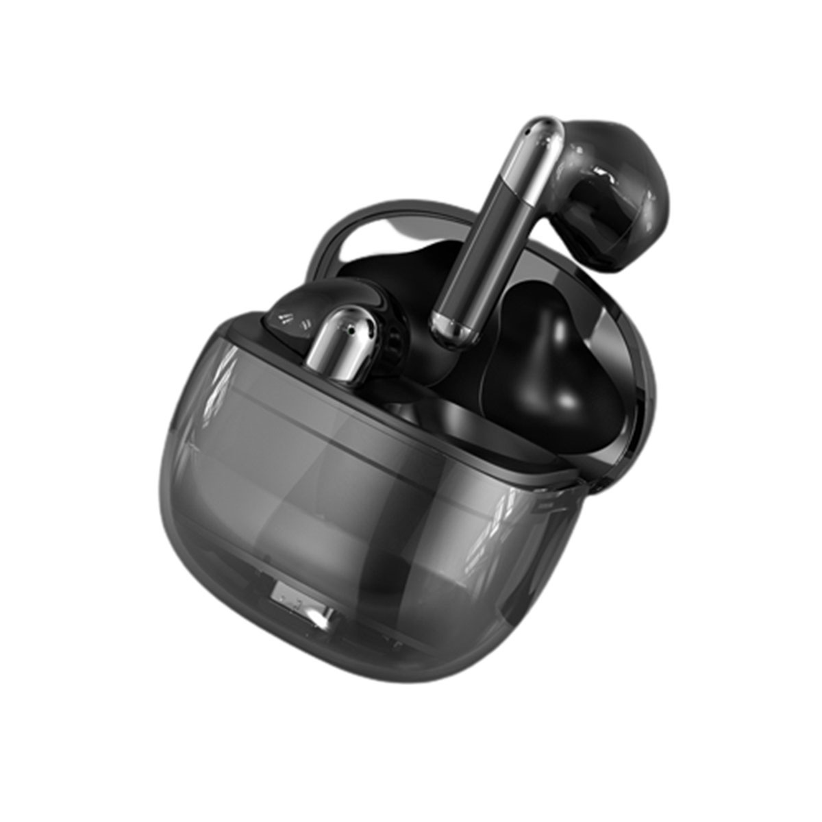 Auriculares inalámbricos negros en un estuche de carga transparente. Los auriculares son plateados y negros.