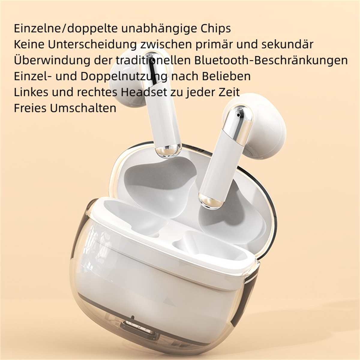 Par de auriculares inalámbricos en estuche transparente, con texto en alemán.