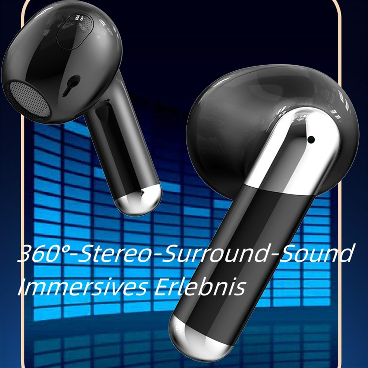 Auriculares negros. Primer plano de dos auriculares con fondo azul y texto.