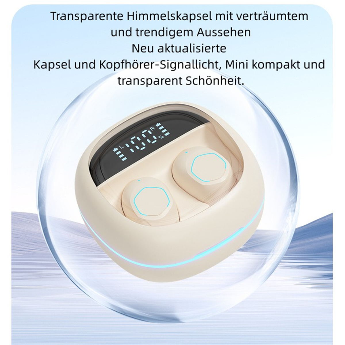 Auriculares beige en una funda transparente con pantalla digital, dentro de una esfera transparente.