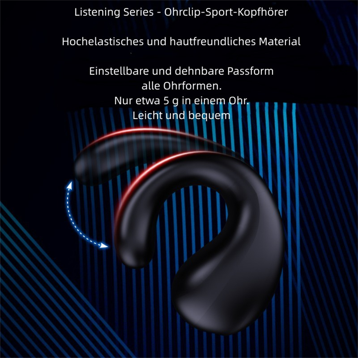 Auricular negro con diseño curvo, fondo de líneas azules.