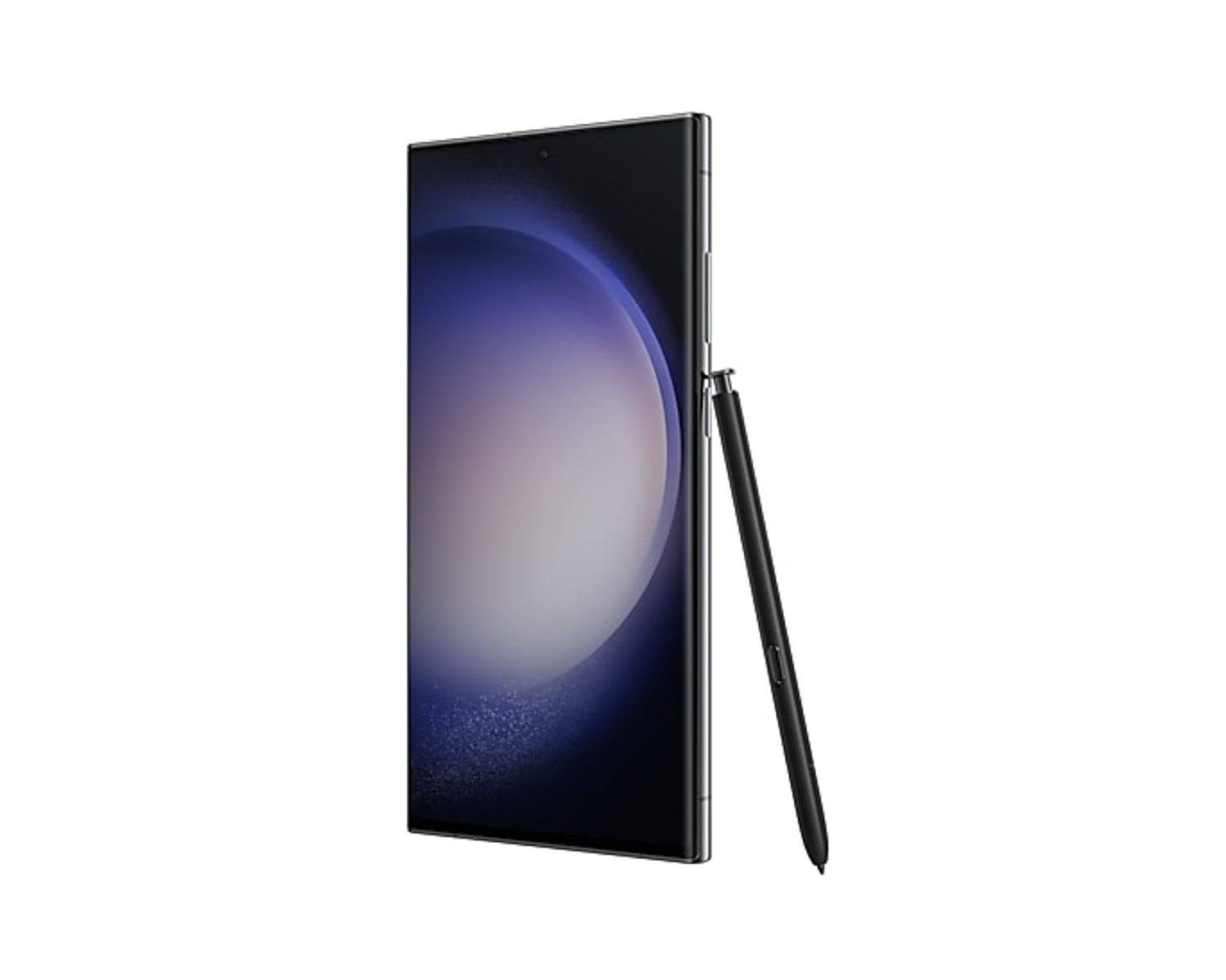 Ein schwarzes Smartphone mit Stift, leicht angewinkelt, auf weißem Hintergrund.
