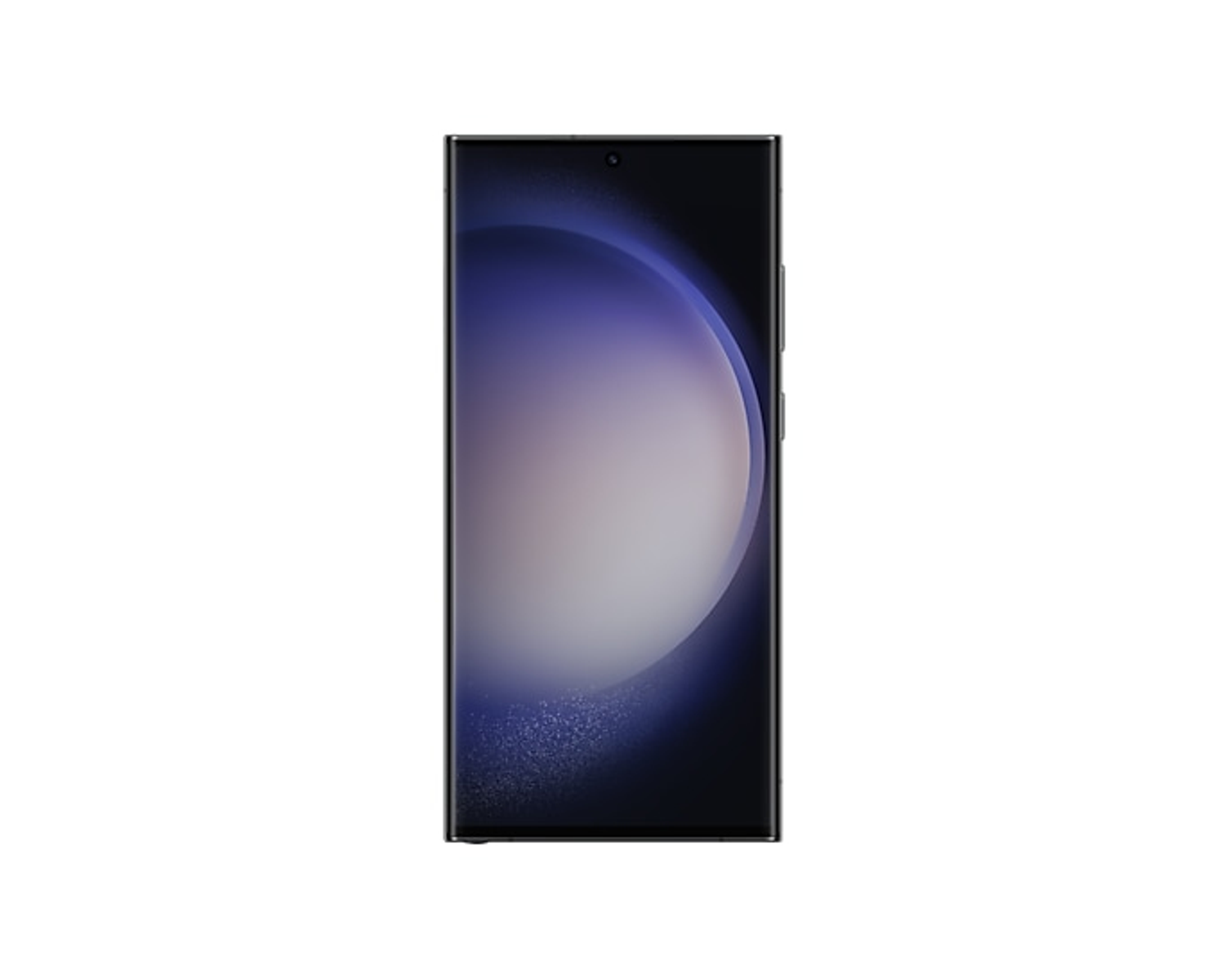 Ein neues schwarzes Samsung-Handy. Der Bildschirm zeigt einen verschwommenen, farbenfrohen Hintergrund.